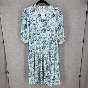 Hope Springs Shell Print Midi Dress Size L Blue White Peasant Tiered Beach NEW